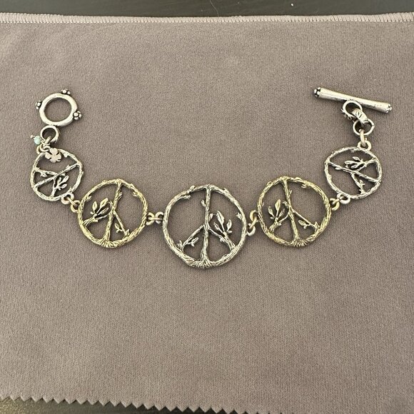 Lucky Brand Peace Symbol Bracelet Toggle Clasp 8" Mixed Metal Twigs & Leaves - Picture 9 of 10